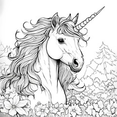 unicorn ,coloring page for kids , black and white 