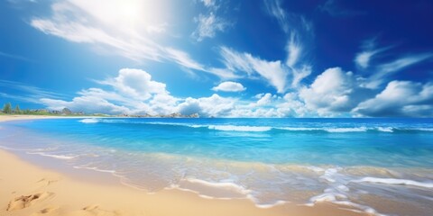 Sandy beach, blue sky and tropical sea.