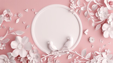 Elegant Paper Art Flowers and Doves on Pink
