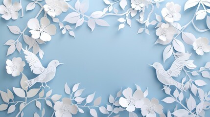 White Paper Birds and Florals on Blue Background
