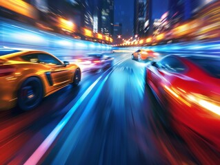 High-Speed Cars Racing on Urban Street at Night
