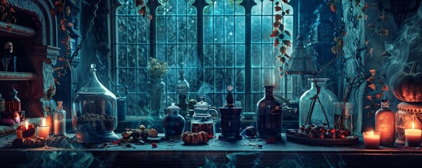 Mystical Witch's Apothecary with Potions and Candles
