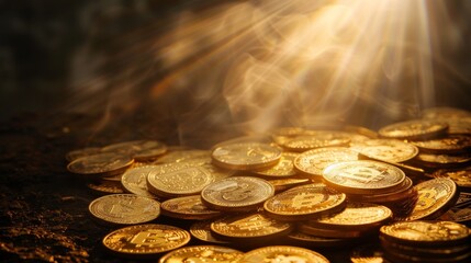 Golden Bitcoin Coins Shining in Sunlight
