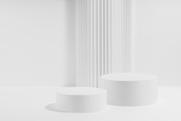 Two white round podiums with striped column as geometric decor, mockup on white background. Template for presentation cosmetic products, gifts, goods, advertising, design, showing, soft summer style.