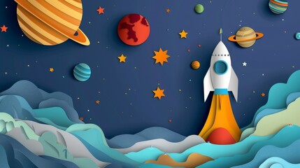 Colorful Paper Art Space Scene with Rocket
