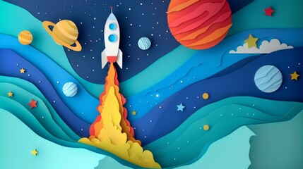 Animated Space Rocket Launch with Paper Planets
