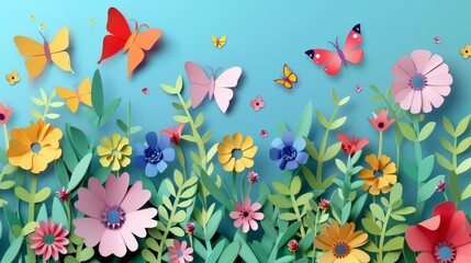 Colorful Paper Butterflies and Flowers on Blue
A bright and joyful paper art display with vivid butterflies and various flowers against a clear blue background.
