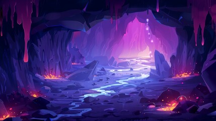 An adventure level in a stone cavern with a path through poisonous river flow with bubbles. A dark toxic cave cartoon game background. Fantasy underground landscape inside a mountain scene.