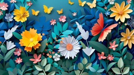 Vibrant Paper Flower Garden with Butterflies
