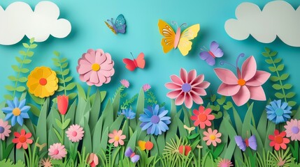 Colorful Paper Craft Flower Meadow with Butterflies

