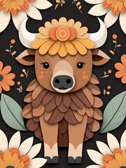 Floral Cute Baby Bison Nursery Generative AI Illustration 