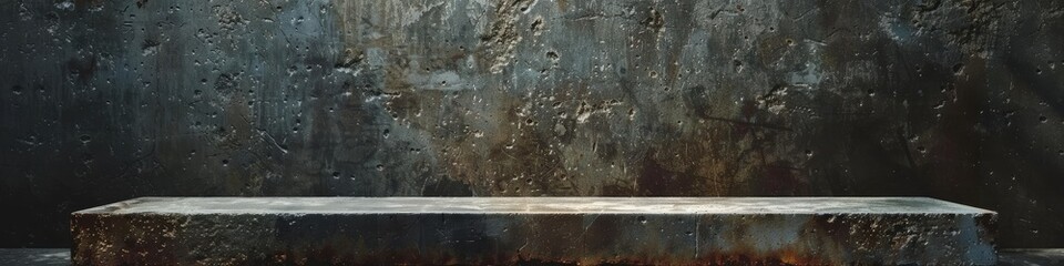 Fototapeta premium A worn podium with a backdrop of aged, textured urban concrete, banner