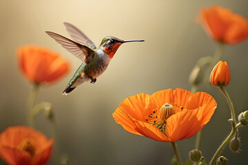 A tiny, iridescent hummingbird hovers near a flower, its long beak dipping into the nectar. Generative AI