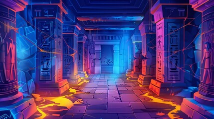 Old corridor in ancient Egyptian temple. Modern cartoon illustration of old hallway with dust and cobwebs on pillars, antique hieroglyphs on stone walls, neon cracks.