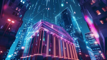 Neoclassical bank building in neonlit virtual cityscape symbolizes futuristic fintech transformation . Concept Futuristic Architecture, Neon Lighting, Virtual Cityscape, Fintech Transformation