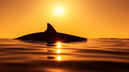 Silhouette of shark on sunset sky.