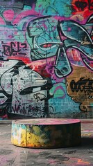 A graffiti-covered podium stands against a vibrant, artful backdrop in a city alley