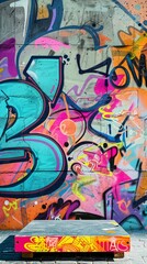 A burst of colorful graffiti art adorns a concrete wall and podium