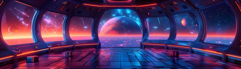 Vibrant Futuristic Sci-Fi Interior with Curved Structure Design and Panoramic View of Alien Sunset Landscape - obrazy, fototapety, plakaty