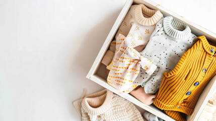Box with baby clothes on white background