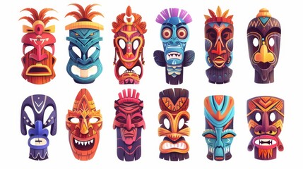Modern illustration of Hawaiian traditional carved wooden accessory for magic ritual, home decoration for protection - totem tiki masks. Tribal culture.