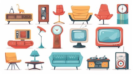 Set of retro furniture for the home interior. Vintage sofa, armchair, old TV, record player, floor lamp, vinyl records and clock isolated on white background, modern cartoon illustration.