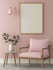 Frame mockup, simple and modern cozy chair home interior background, wall poster frame mockup, 3D render