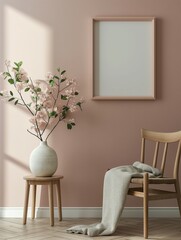 Frame mockup, simple and modern cozy chair home interior background, wall poster frame mockup, 3D render