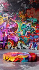 Fototapeta premium A colorful graffiti-covered wall serves as the backdrop for a similarly painted podium in a gallery