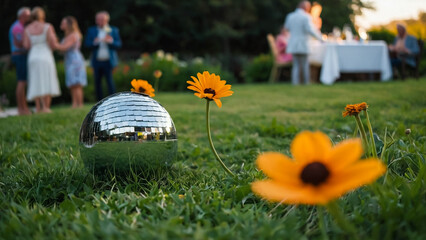 Naklejka premium Photo of a mirrorball in a filed of spring flowers 