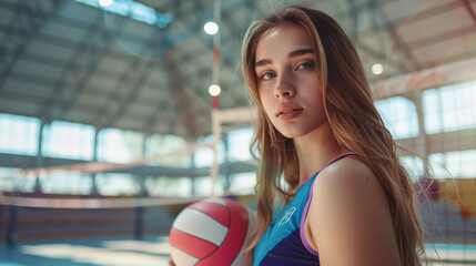Young sporty woman volleyball player standing with a volleyball ball on the volleyball court