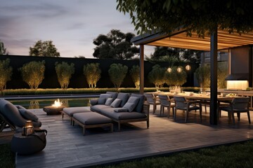 Outdoor patio with couch, table, chairs, and fire pit