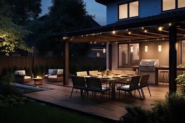 Fototapeta premium Patio with table, chairs, and lights