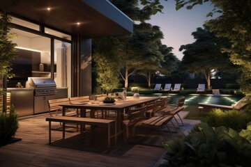 Outdoor dining area with grill, table, and chairs