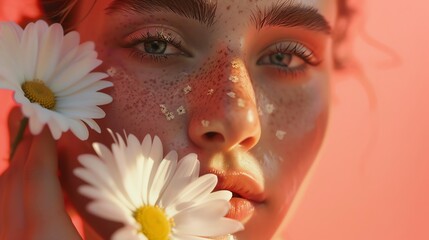 Daisy highlighted, rich coral background, magazine format, natural light, faceon angle