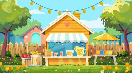 On the lawn of a house on a rural street in the summer, a lemonade stand stands with a tent, glass pitcher, straw, and lemon fruit. In the suburbs, a wooden stall with garland stands by a house on