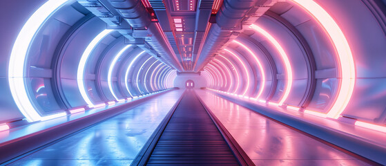 A futuristic 3D representation of a starship hallway featuring a neon-lit blue and purple background.