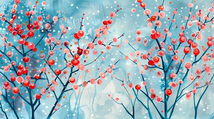 cranberries and snowy trees and rosemary watercolor pattern illustration poster background