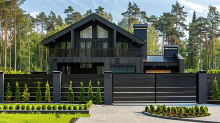 Modern country luxury house in high-tech style. Luxurious country two-storey villa with private plot
