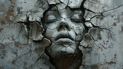 Painting of a womans face with cracked paint, portraying a surreal and abstract composition