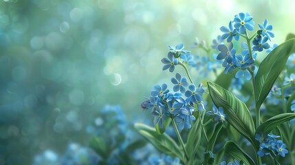 Forgetmenot highlighted, rich sage background, magazine format, natural light, faceon angle