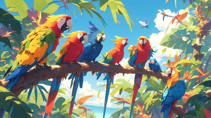 A group of colorful Parrots Perched On a tree