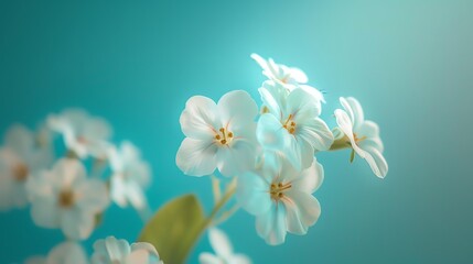 Forgetmenot on vibrant teal background, magazine aesthetic, bright light, high angle view