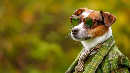 Stylish dog in sunglasses and suit with tie on blurred background with text space