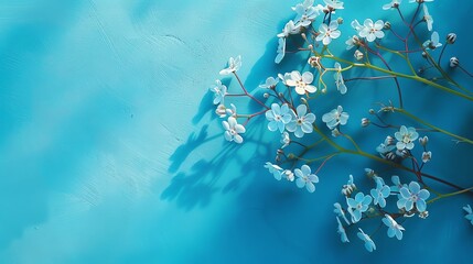 Forgetmenot on vibrant teal background, magazine aesthetic, bright light, high angle view