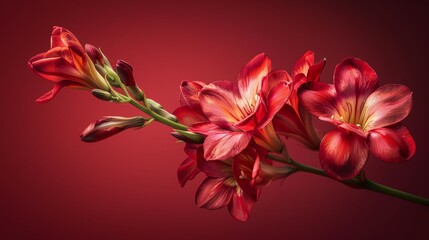 Freesia, deep red background, cover of magazine, spotlight effect, angled from above