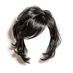 Wig with glossy, dark hair arranged in a stylish manner, short hair wig, black wig with a long fringe black bob cut hair