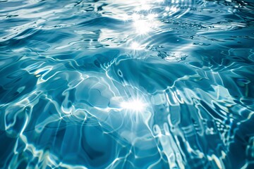 Blue water surface with bright sun light reflections, background closeup.