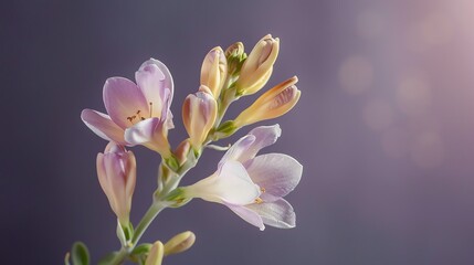 Freesia, muted purple backdrop, glossy magazine cover, diffuse light, straighton perspective