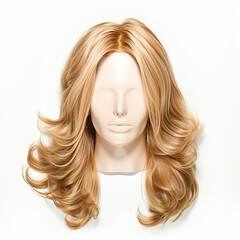 Beautifully styled blonde wig on a mannequin, with the facial features concealed to highlight the hairstyle’s volume and waves, isolated background long luxurious blond hair wig